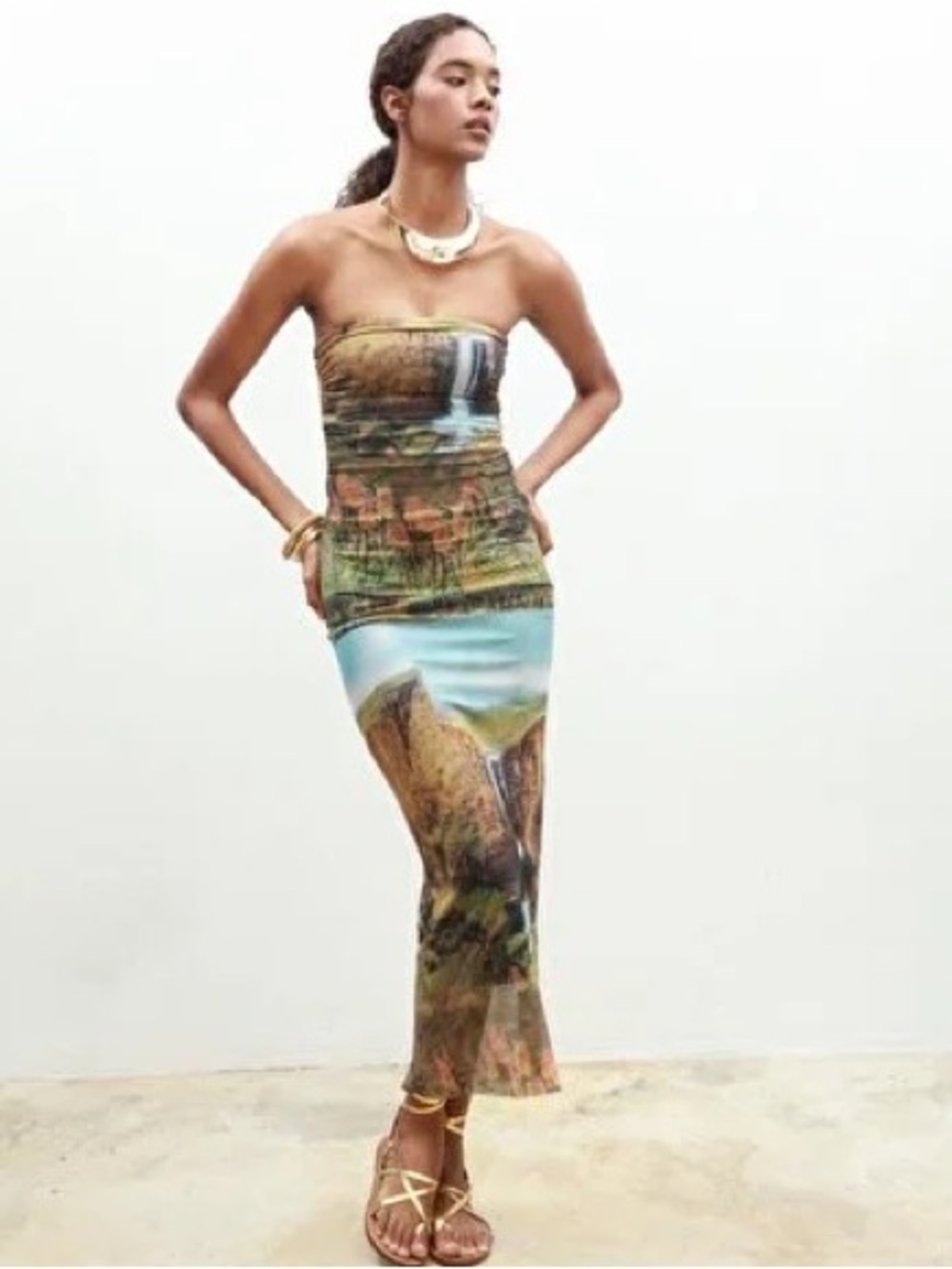 Zara 90s-style strapless mesh dress features a scenic photo print Size Medium